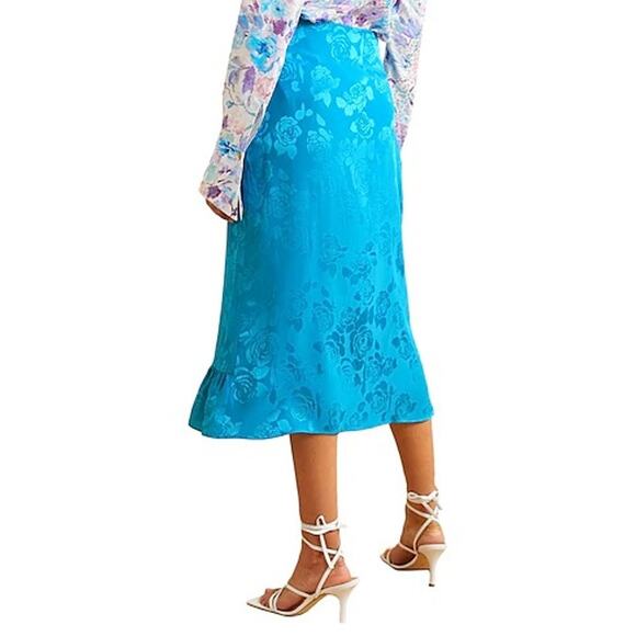 Art Dealer Floral Midi Skirt Silk Blend Satin Ruffle Hem Turquoise Size Medium - Picture 2 of 13